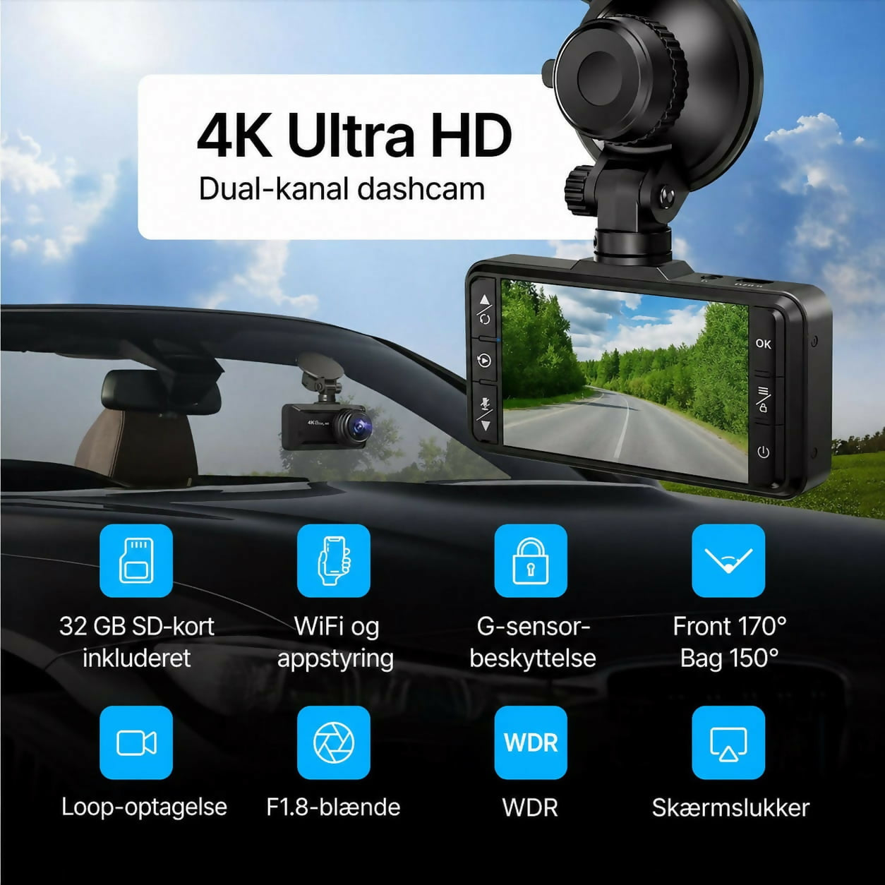 4K Dashcam Pro – Ultra HD-optagelse med front- og bagkamera, nattesyn og 24/7-overvågning